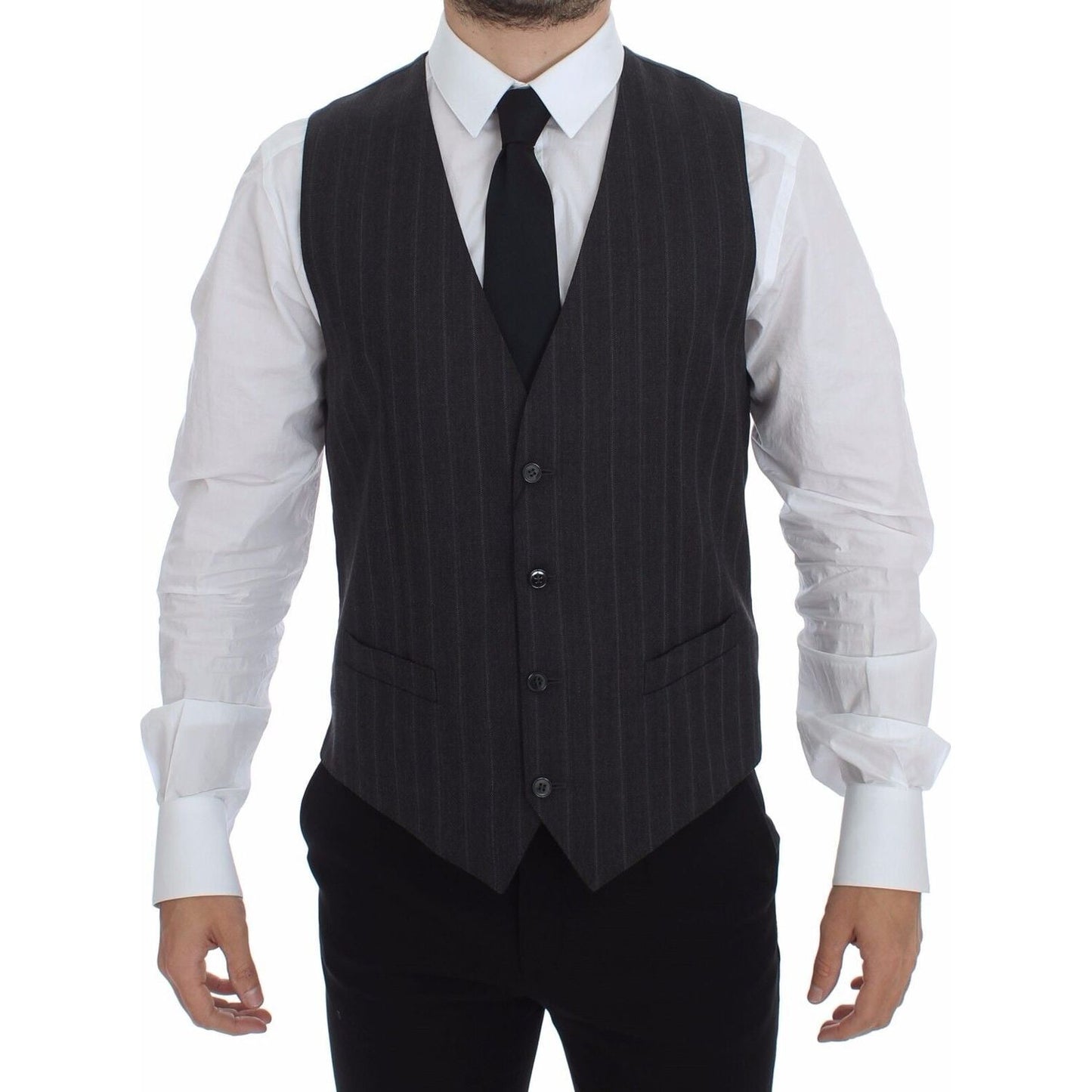 Dolce & Gabbana Gray Striped Wool Logo Vest Gilet Weste