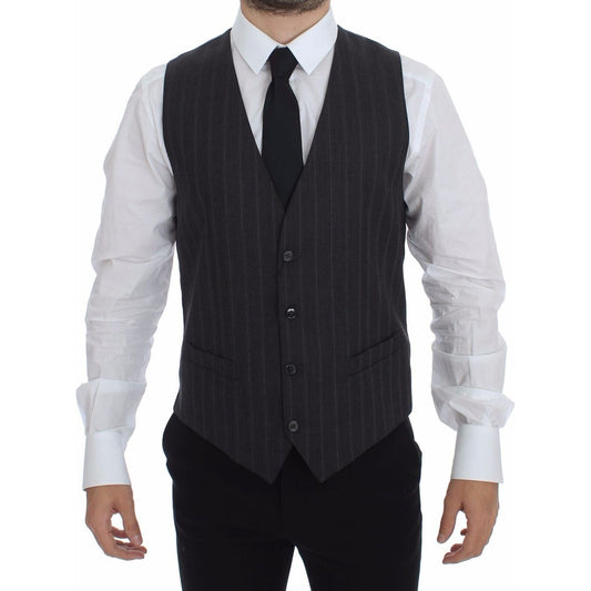 Dolce & Gabbana Gray Striped Wool Logo Vest Gilet Weste
