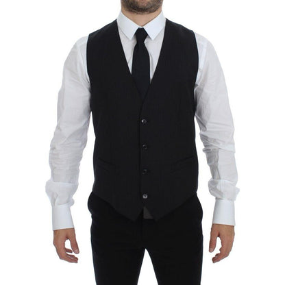Dolce & Gabbana Black Striped Wool Single Breasted Vest Dolce & Gabbana