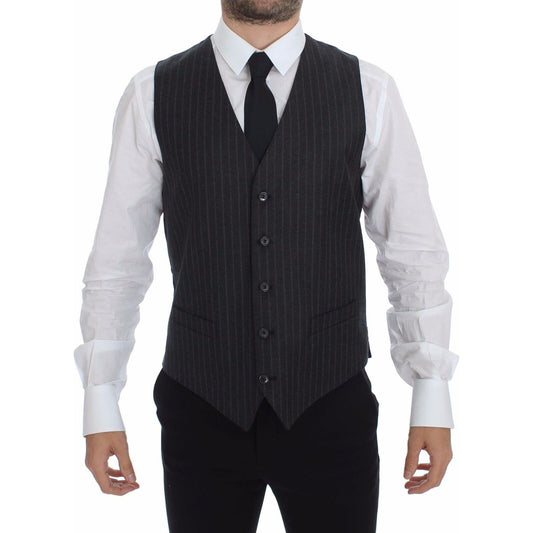 Dolce & Gabbana Gray Striped Wool Logo Vest Gilet Weste