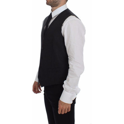Dolce & Gabbana Gray Striped Wool Logo Vest Gilet Vests Dolce & Gabbana