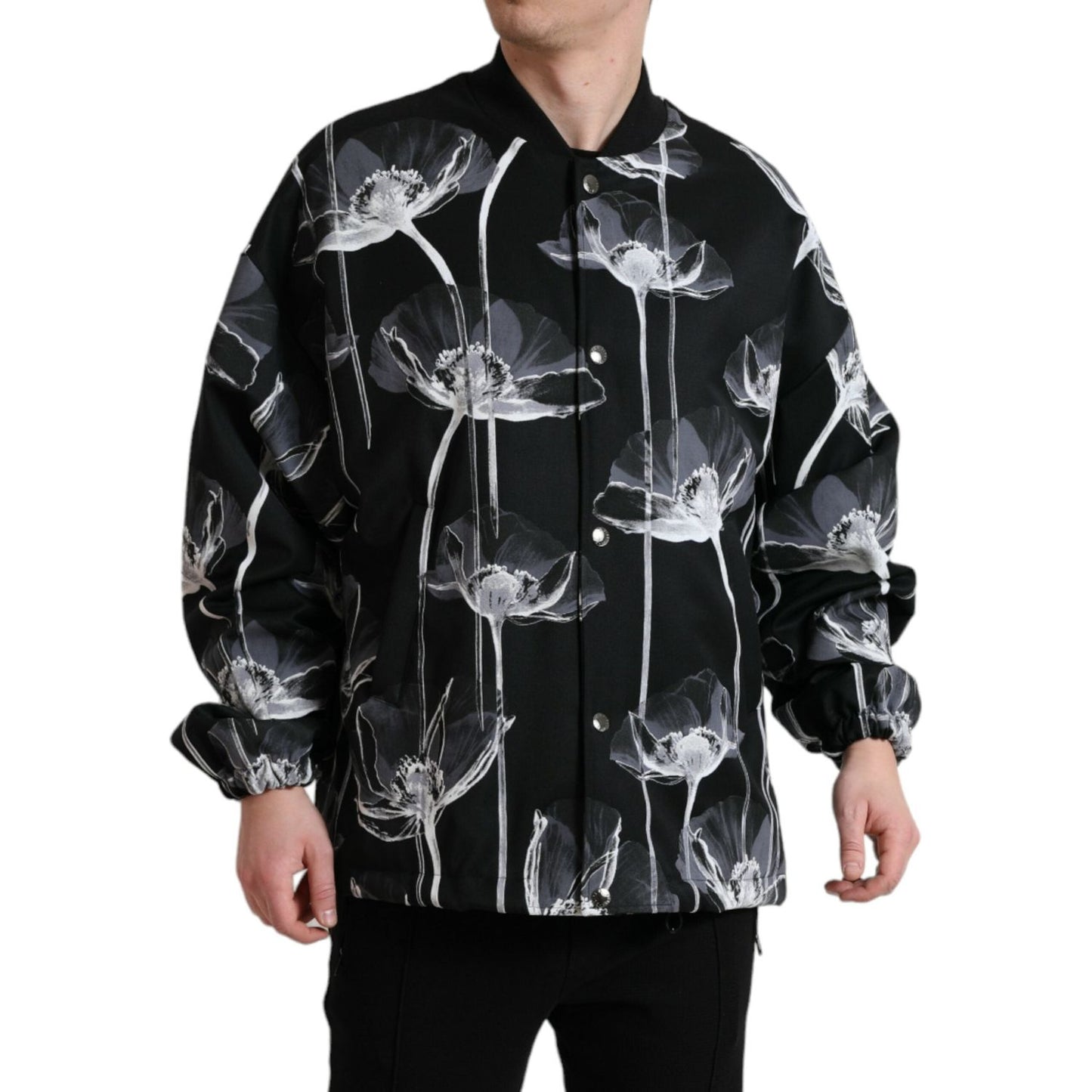 Dolce & Gabbana Black Floral Print Wool Button Down Bomber Jacket Dolce & Gabbana