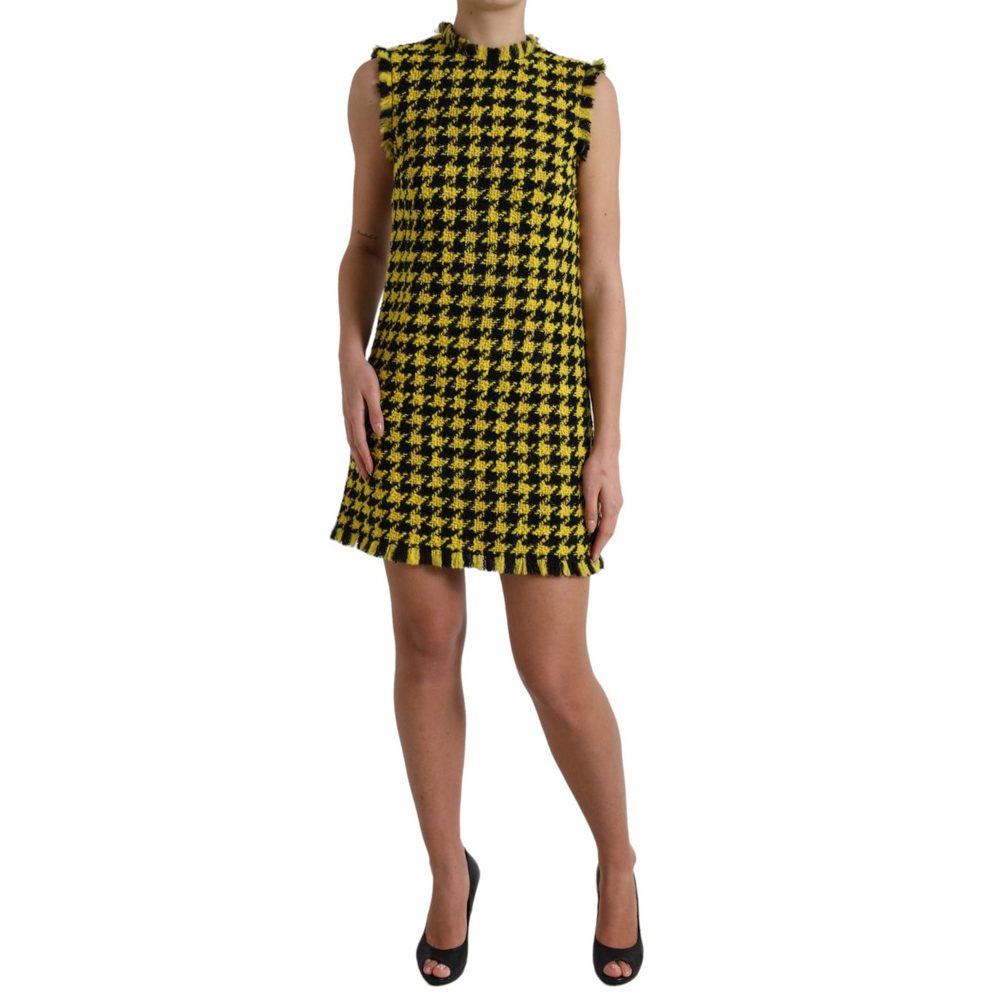 Dolce & Gabbana Yellow Houndstooth Sleeveless Aline Mini Dress
