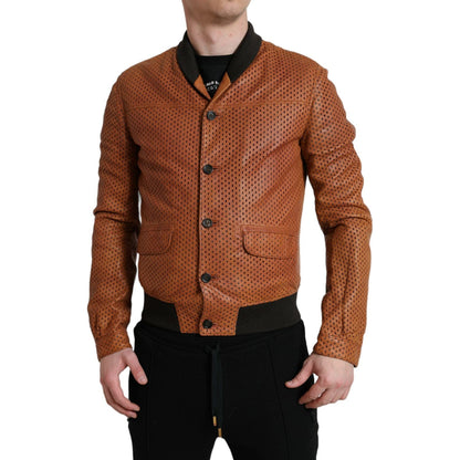 Dolce & Gabbana Brown Lambskin Leather Perforated Jacket Dolce & Gabbana