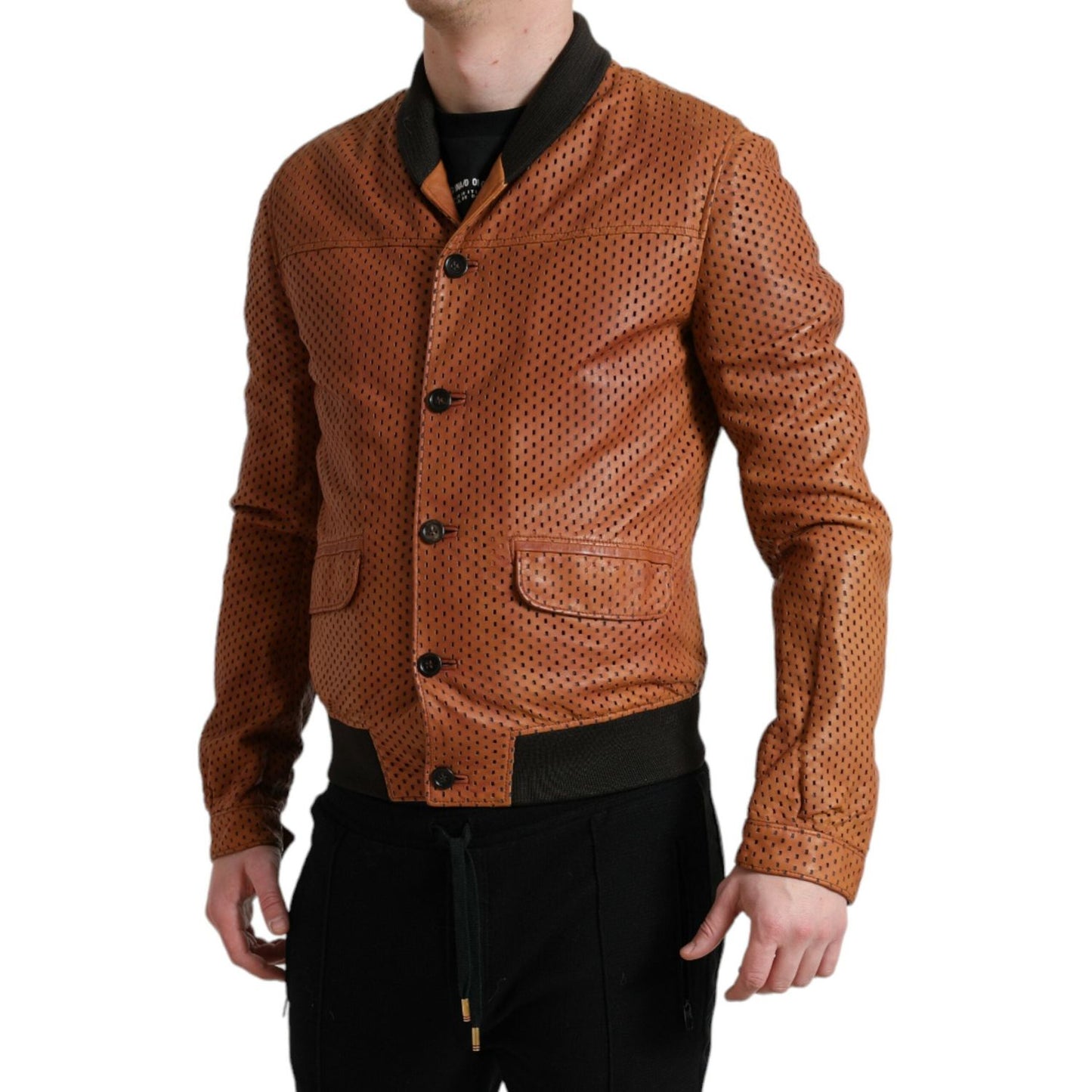 Dolce & Gabbana Brown Lambskin Leather Perforated Jacket Dolce & Gabbana