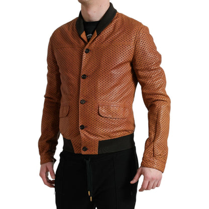Dolce & Gabbana Brown Lambskin Leather Perforated Jacket Dolce & Gabbana