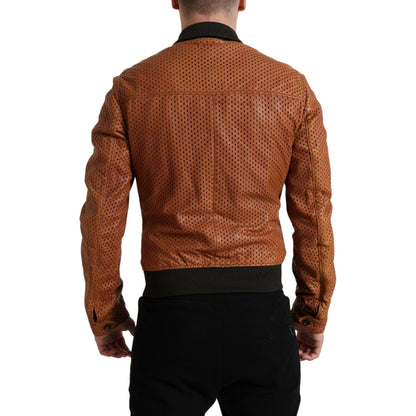 Dolce & Gabbana Brown Lambskin Leather Perforated Jacket Dolce & Gabbana