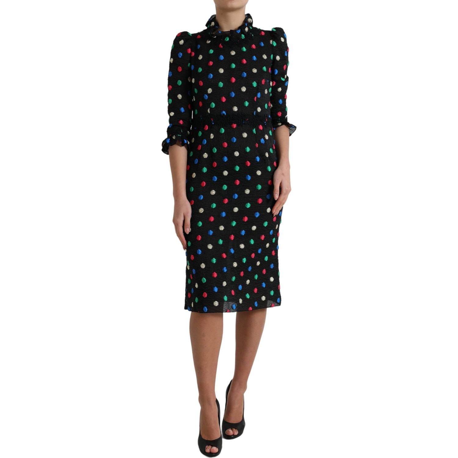 Dolce & Gabbana Black Polka Dot Ruffle Cotton Midi Dress