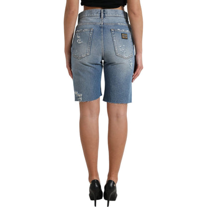Dolce & Gabbana Blue Tattered Embellished Bermuda Shorts Dolce & Gabbana