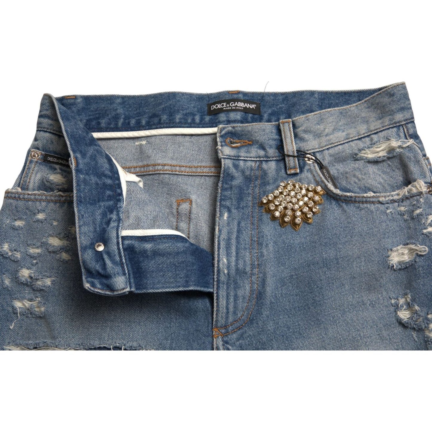Dolce & Gabbana Blue Tattered Embellished Bermuda Shorts Dolce & Gabbana