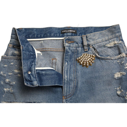 Dolce & Gabbana Blue Tattered Embellished Bermuda Shorts Dolce & Gabbana