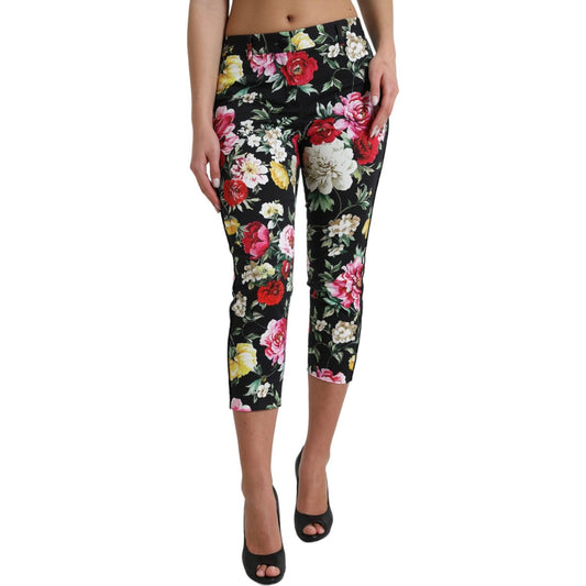 Dolce & Gabbana Black Floral Print Mid Waist Cropped Pants Dolce & Gabbana