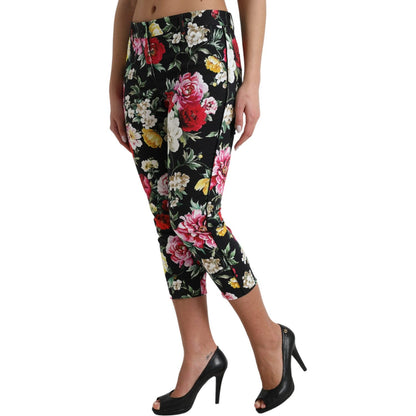 Dolce & Gabbana Black Floral Print Mid Waist Cropped Pants Dolce & Gabbana