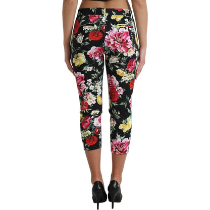 Dolce & Gabbana Black Floral Print Mid Waist Cropped Pants Dolce & Gabbana