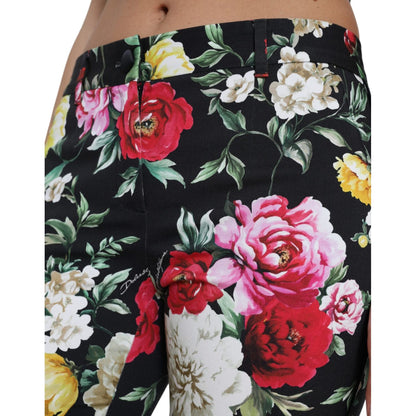 Dolce & Gabbana Black Floral Print Mid Waist Cropped Pants Dolce & Gabbana