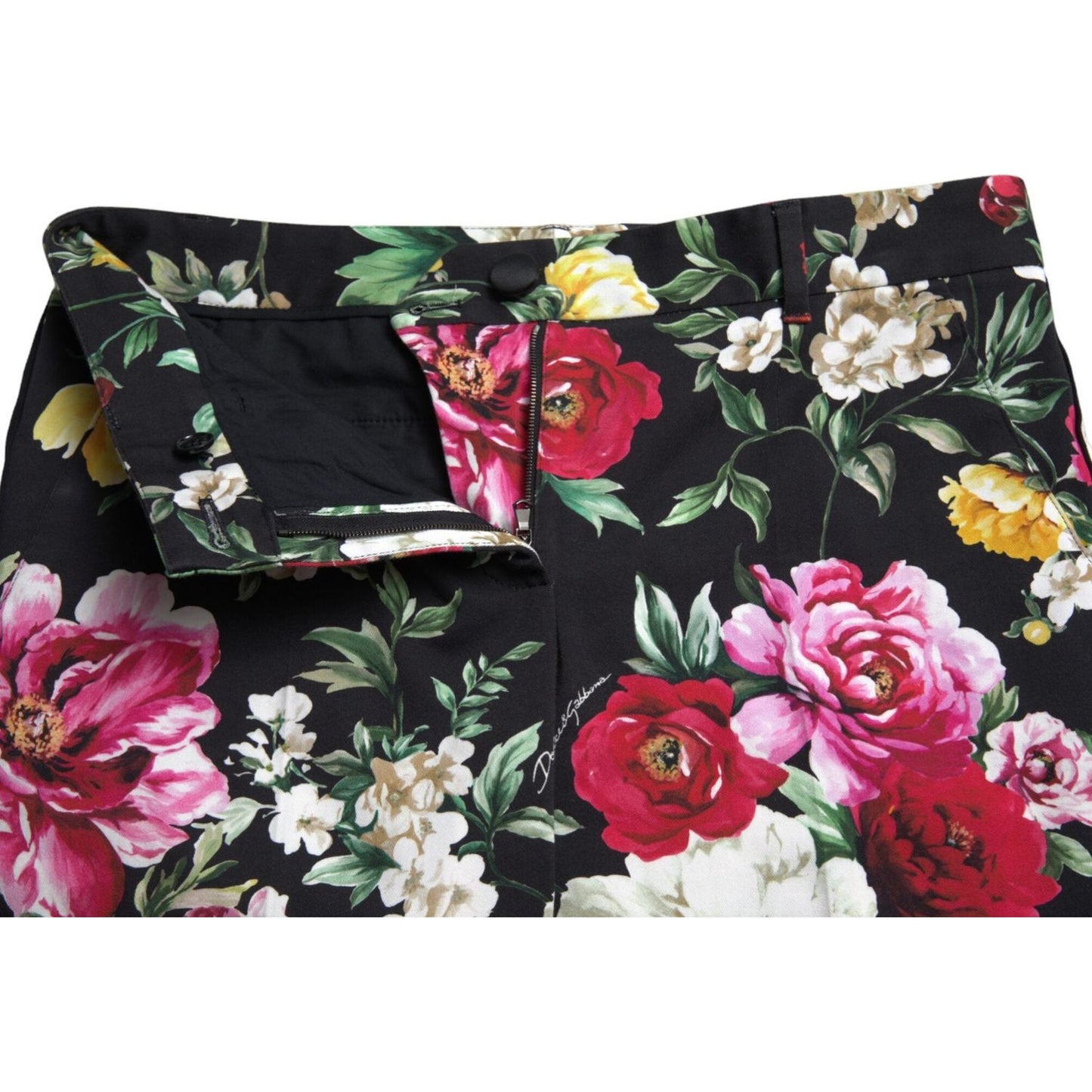 Dolce & Gabbana Black Floral Print Mid Waist Cropped Pants Dolce & Gabbana