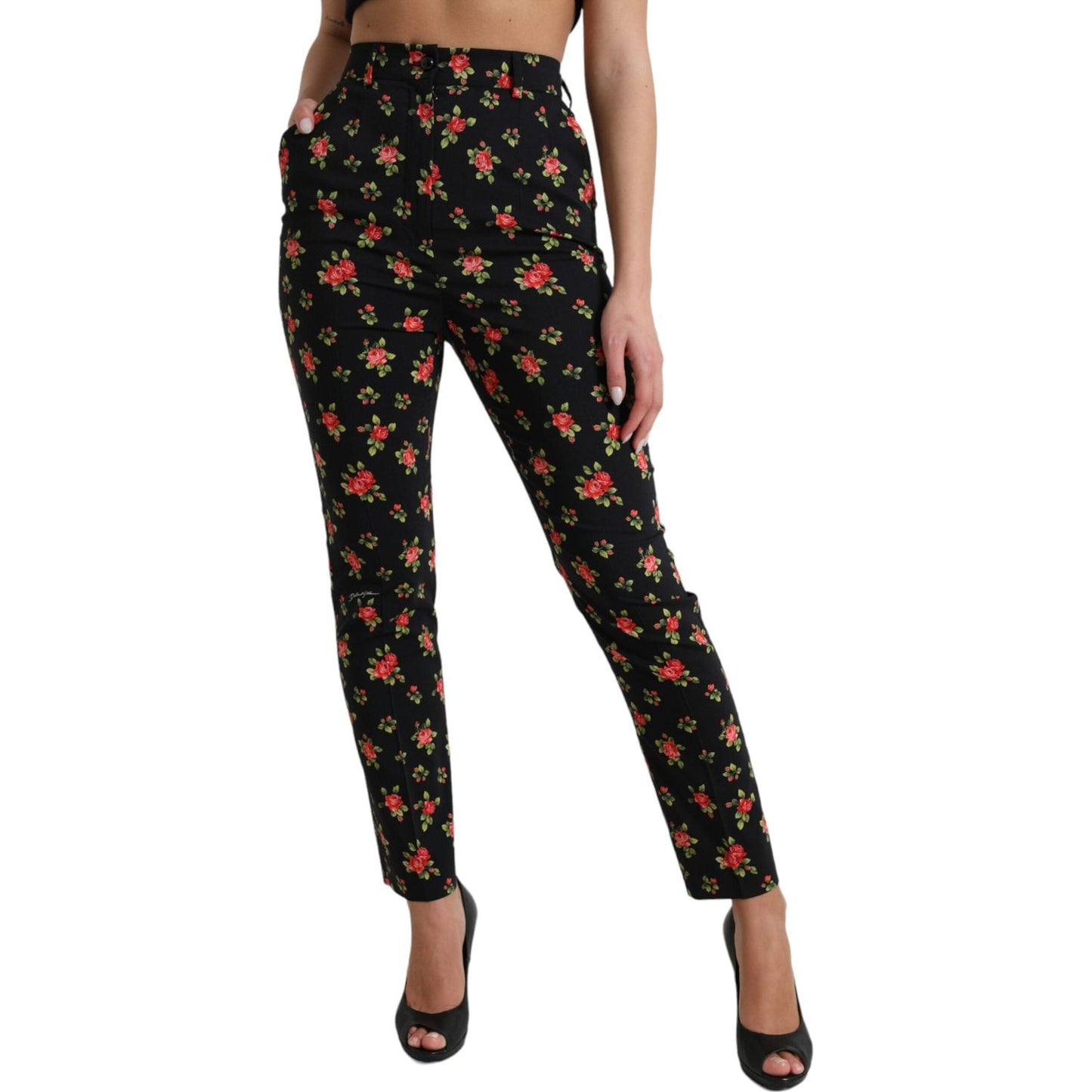 Dolce & Gabbana Black Floral Wool High Waist Tapered Pants Dolce & Gabbana