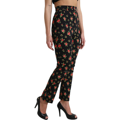 Dolce & Gabbana Black Floral Wool High Waist Tapered Pants Dolce & Gabbana