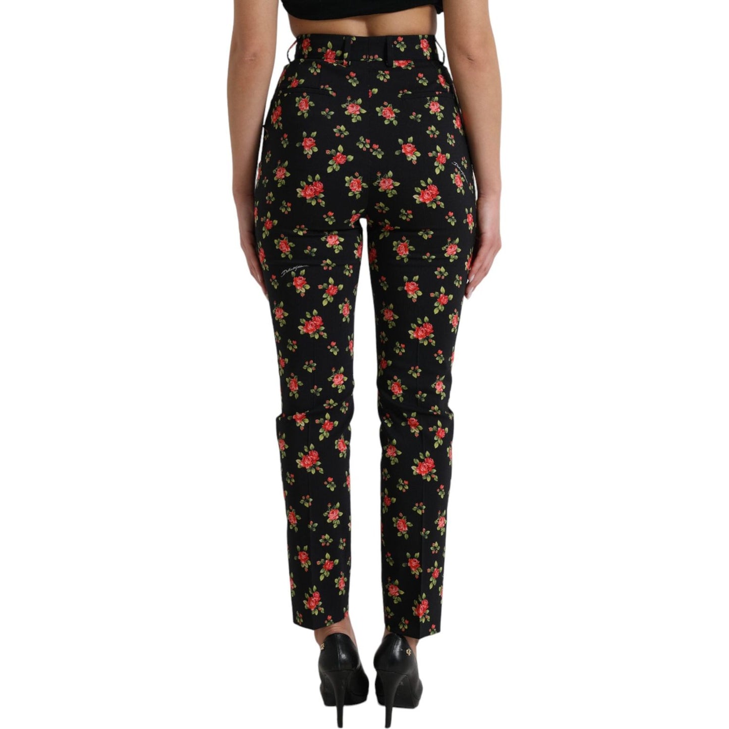 Dolce & Gabbana Black Floral Wool High Waist Tapered Pants Dolce & Gabbana