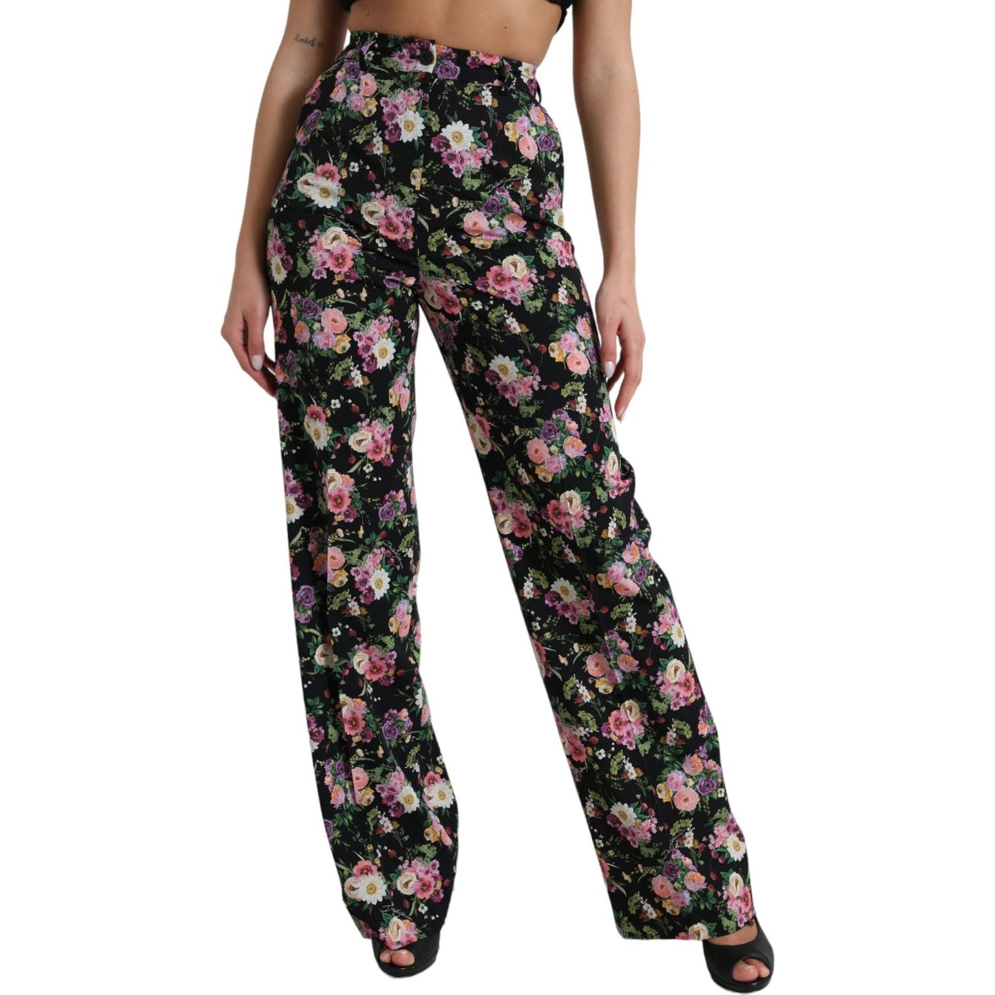 Dolce & Gabbana Black Floral Wool High Waist Wide Leg Pants Dolce & Gabbana