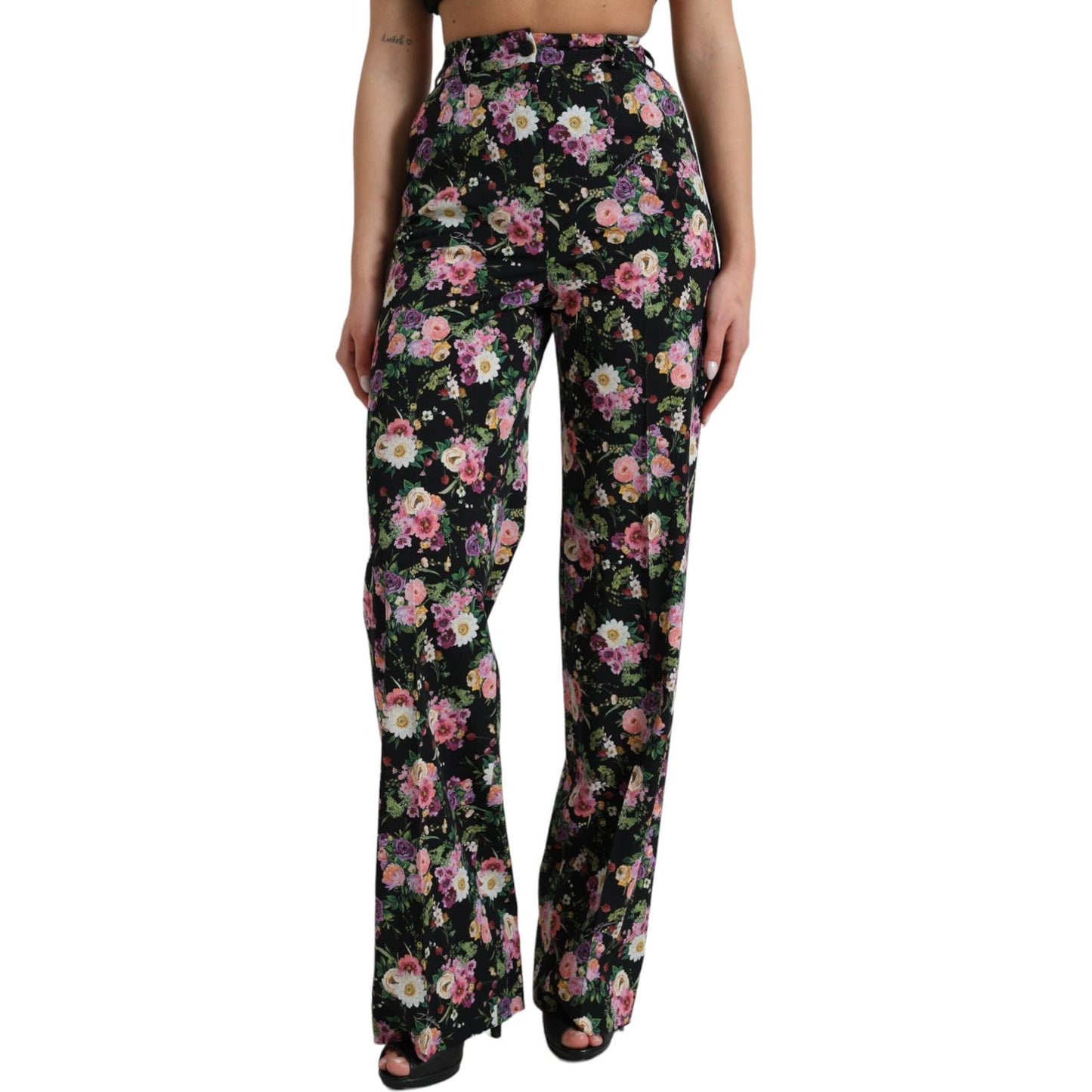 Dolce & Gabbana Black Floral Wool High Waist Wide Leg Pants Dolce & Gabbana