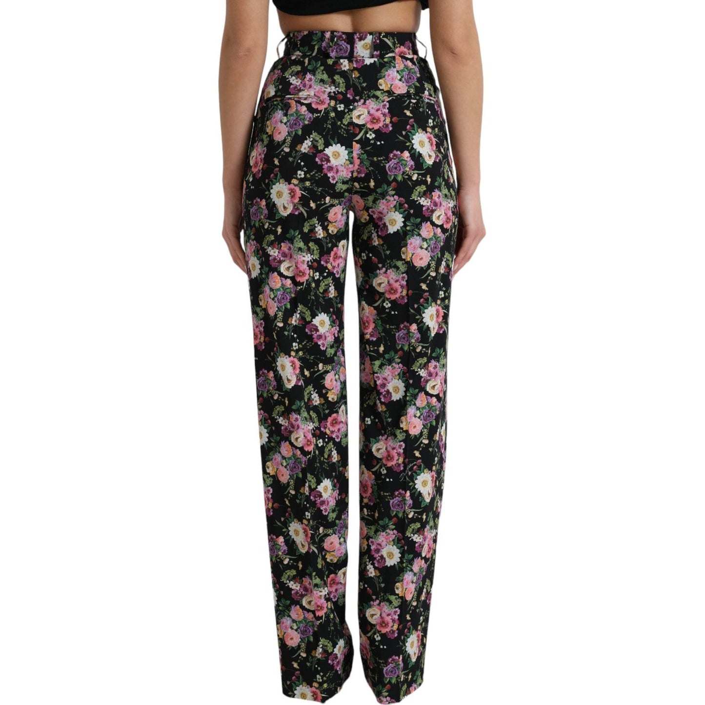 Dolce & Gabbana Black Floral Wool High Waist Wide Leg Pants Dolce & Gabbana
