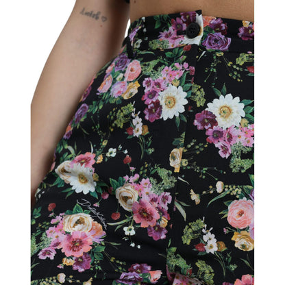 Dolce & Gabbana Black Floral Wool High Waist Wide Leg Pants Dolce & Gabbana