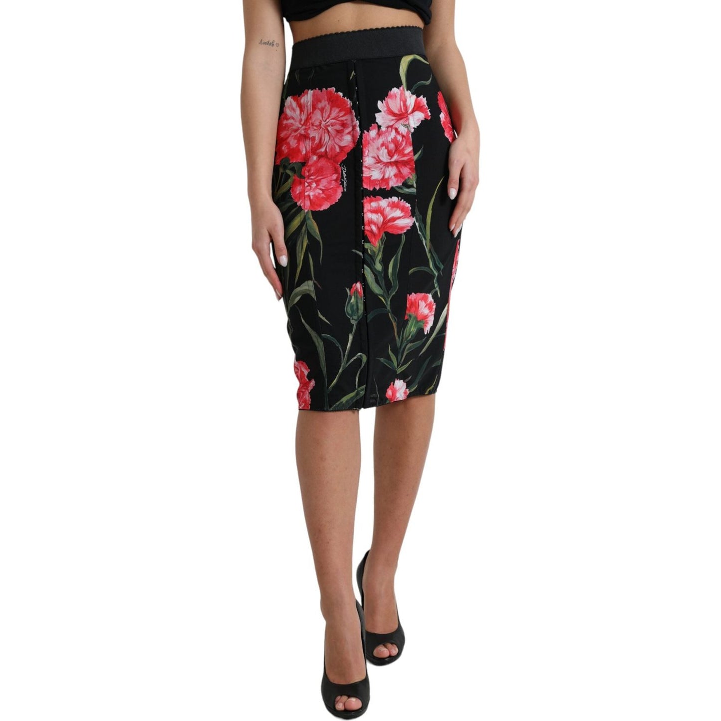 Dolce & Gabbana Black Carnation Pencil Cut Knee Length Skirt Dolce & Gabbana
