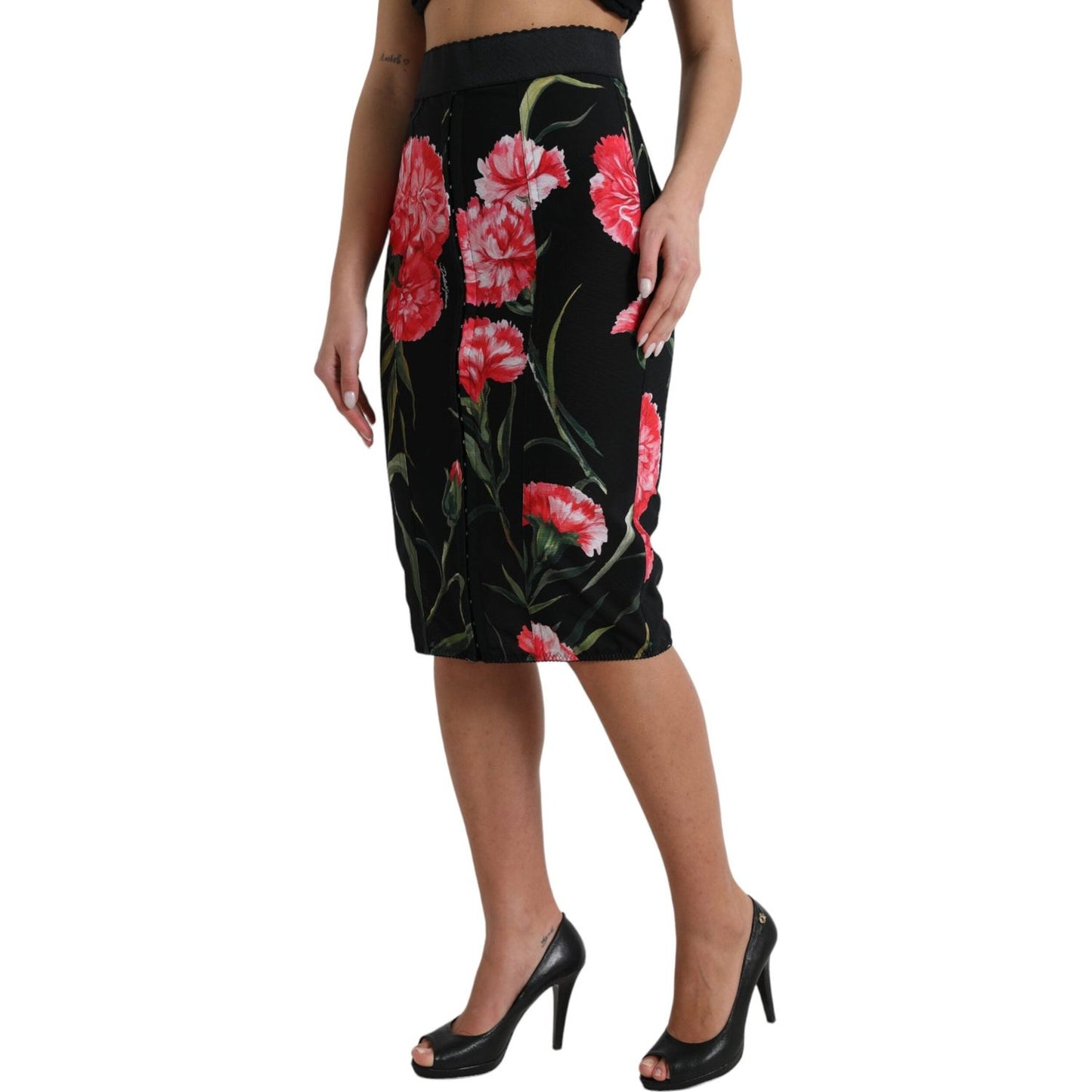 Dolce & Gabbana Black Carnation Pencil Cut Knee Length Skirt Dolce & Gabbana