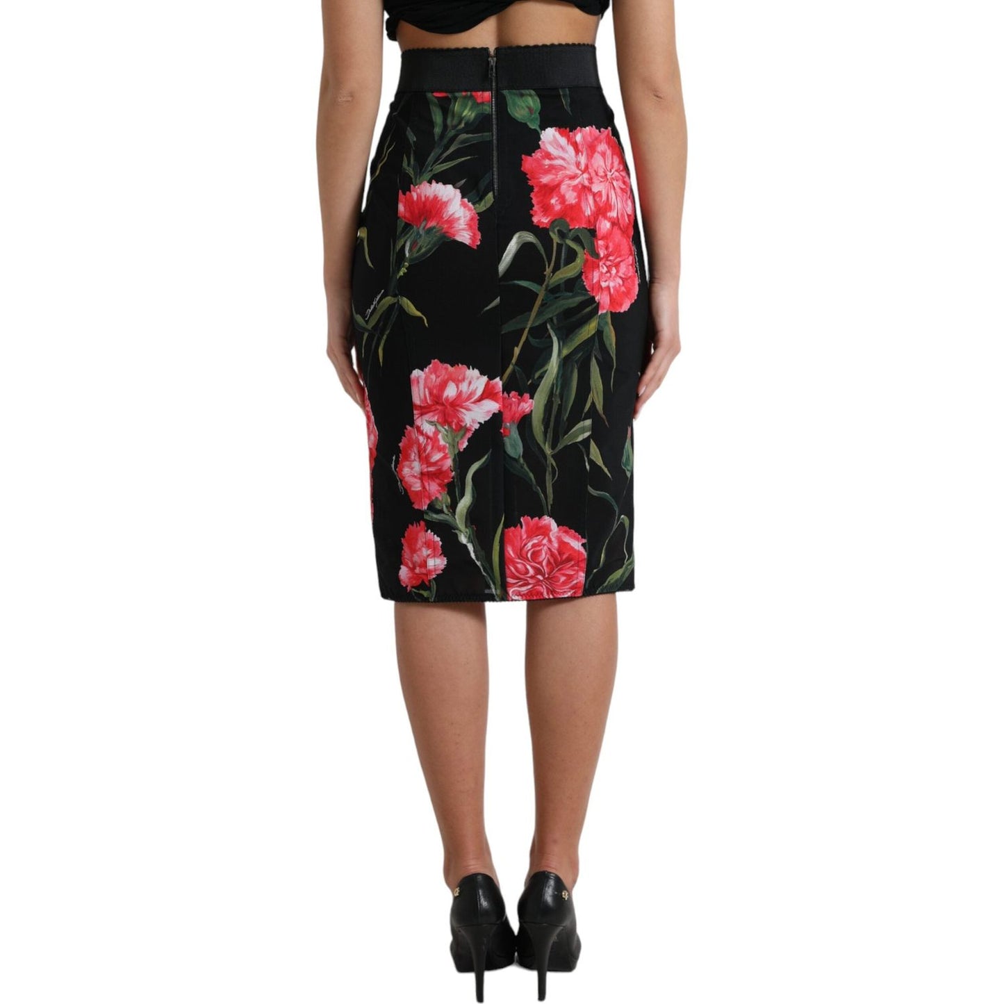 Dolce & Gabbana Black Carnation Pencil Cut Knee Length Skirt Dolce & Gabbana