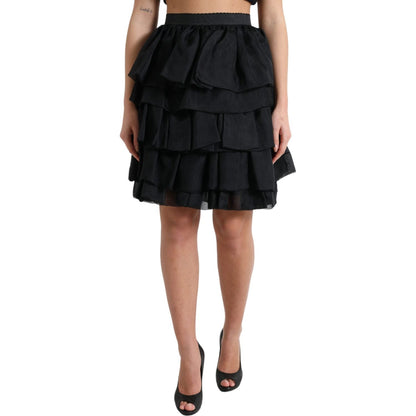 Dolce & Gabbana Black Tiered Aline High Waist Silk Mini Skirt Dolce & Gabbana