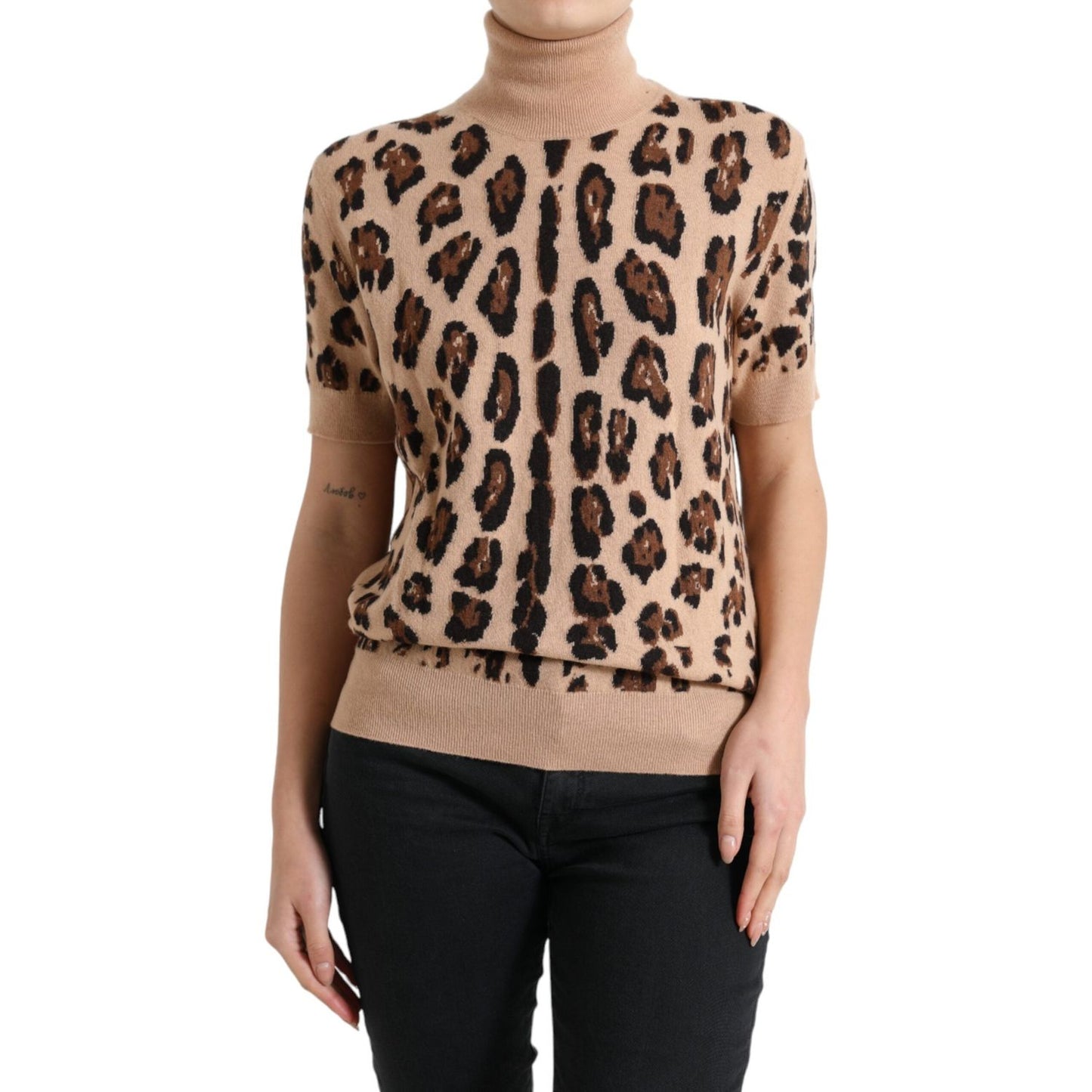 Dolce & Gabbana Beige Leopard Print Wool Turtleneck Top Dolce & Gabbana