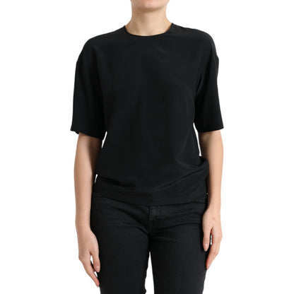 Dolce & Gabbana Black Silk Round Neck Short Sleeve Blouse Top Dolce & Gabbana