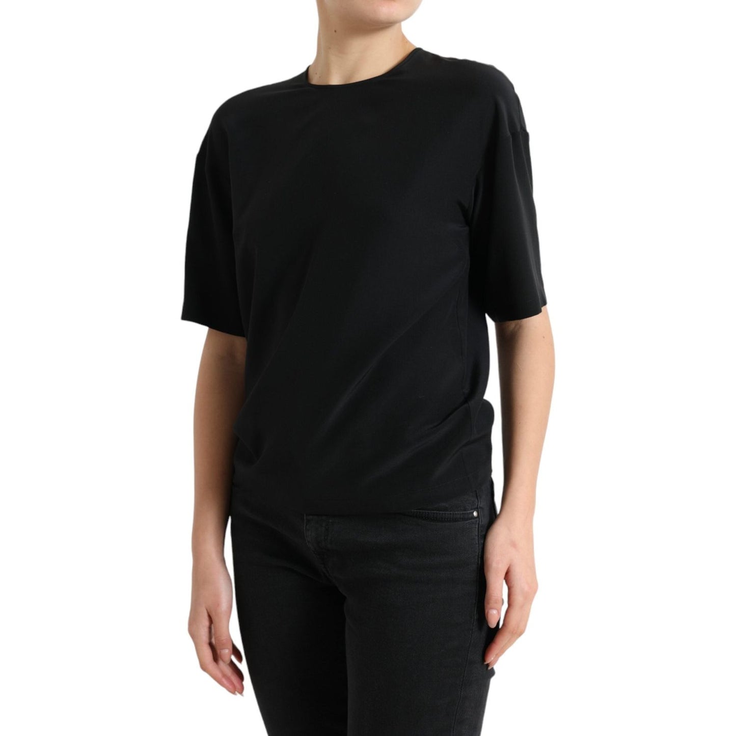Dolce & Gabbana Black Silk Round Neck Short Sleeve Blouse Top Dolce & Gabbana