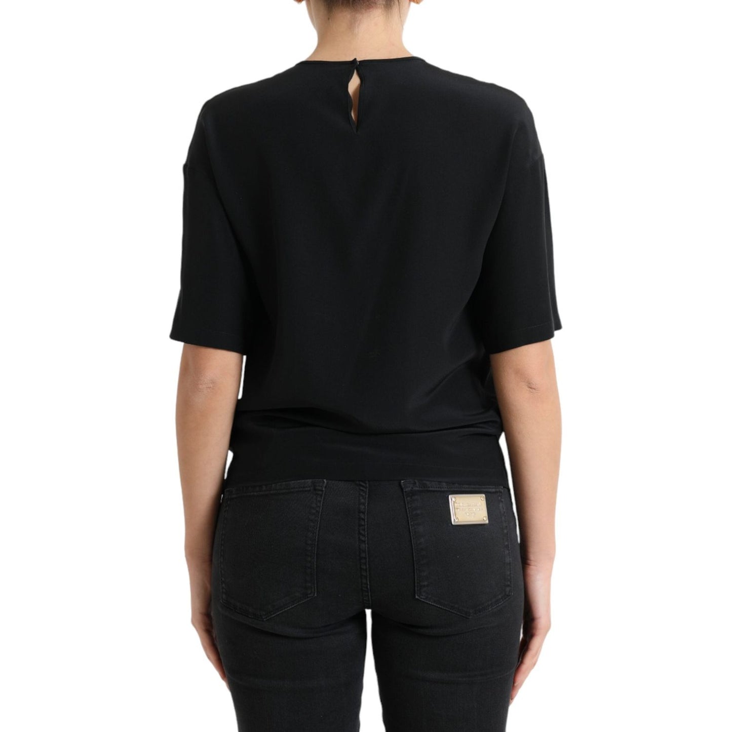 Dolce & Gabbana Black Silk Round Neck Short Sleeve Blouse Top Dolce & Gabbana