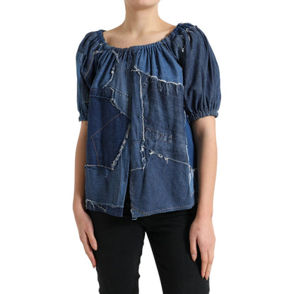 Dolce & Gabbana Blue Patchwork Short Sleeves Denim Blouse Top Dolce & Gabbana