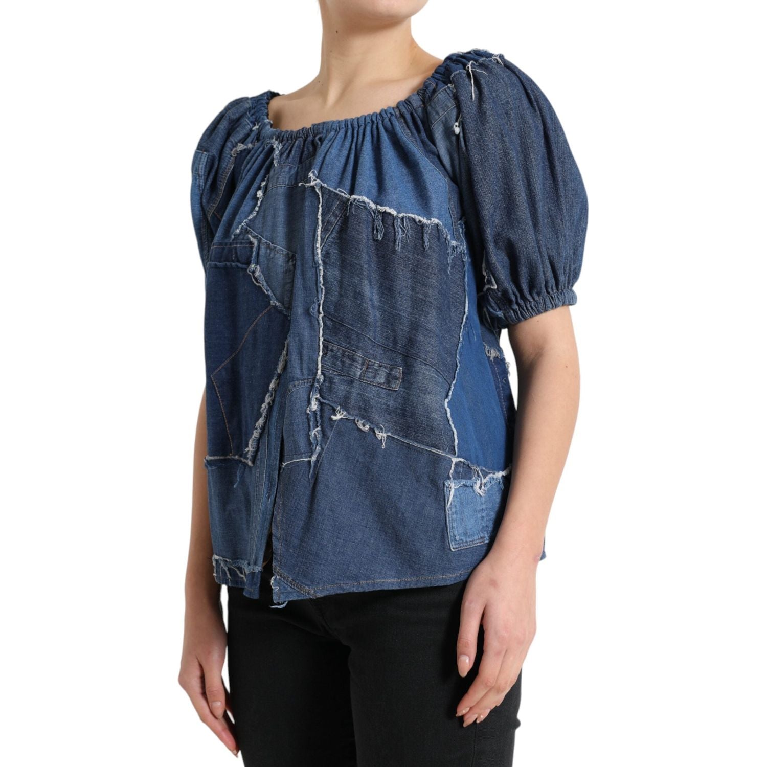 Dolce & Gabbana Blue Patchwork Short Sleeves Denim Blouse Top