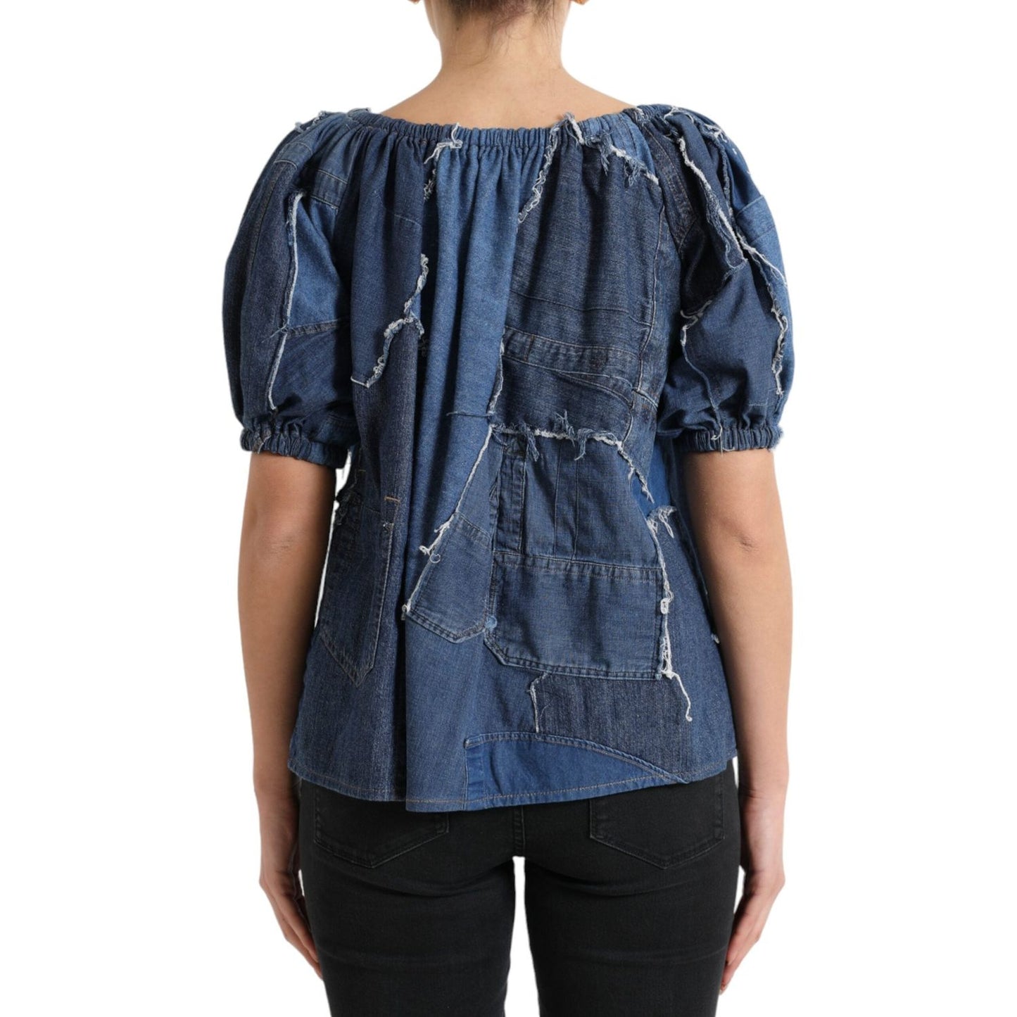 Dolce & Gabbana Blue Patchwork Short Sleeves Denim Blouse Top Dolce & Gabbana