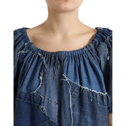 Dolce & Gabbana Blue Patchwork Short Sleeves Denim Blouse Top Dolce & Gabbana
