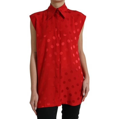 Dolce & Gabbana Red Polka Dot Sleeveless Collared Blouse Top Dolce & Gabbana