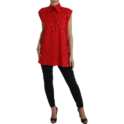 Dolce & Gabbana Red Polka Dot Sleeveless Collared Blouse Top Dolce & Gabbana