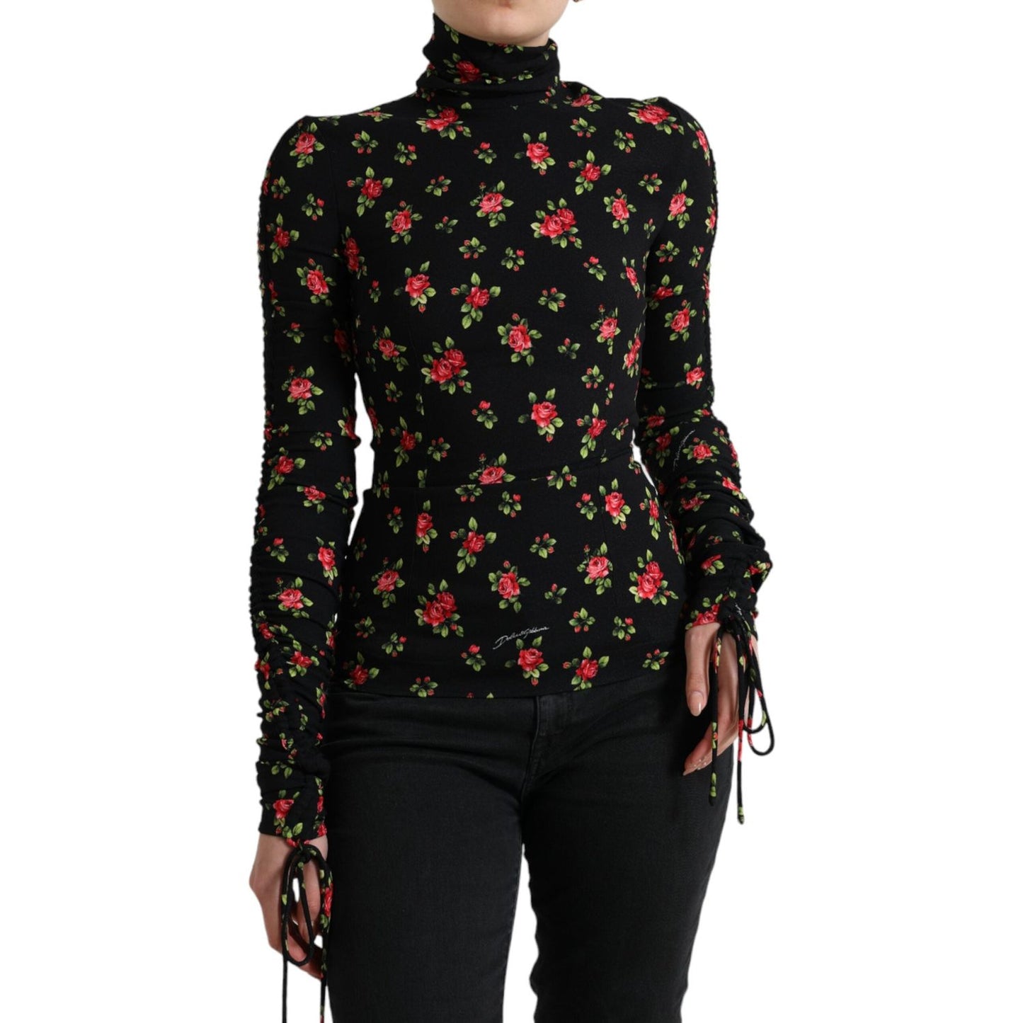 Dolce & Gabbana Black Rose Print Turtle Neck Blouse Top Dolce & Gabbana