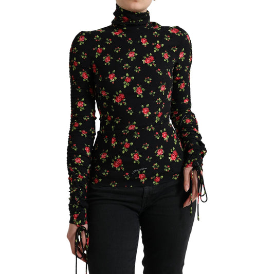 Dolce & Gabbana Black Rose Print Turtle Neck Blouse Top Dolce & Gabbana
