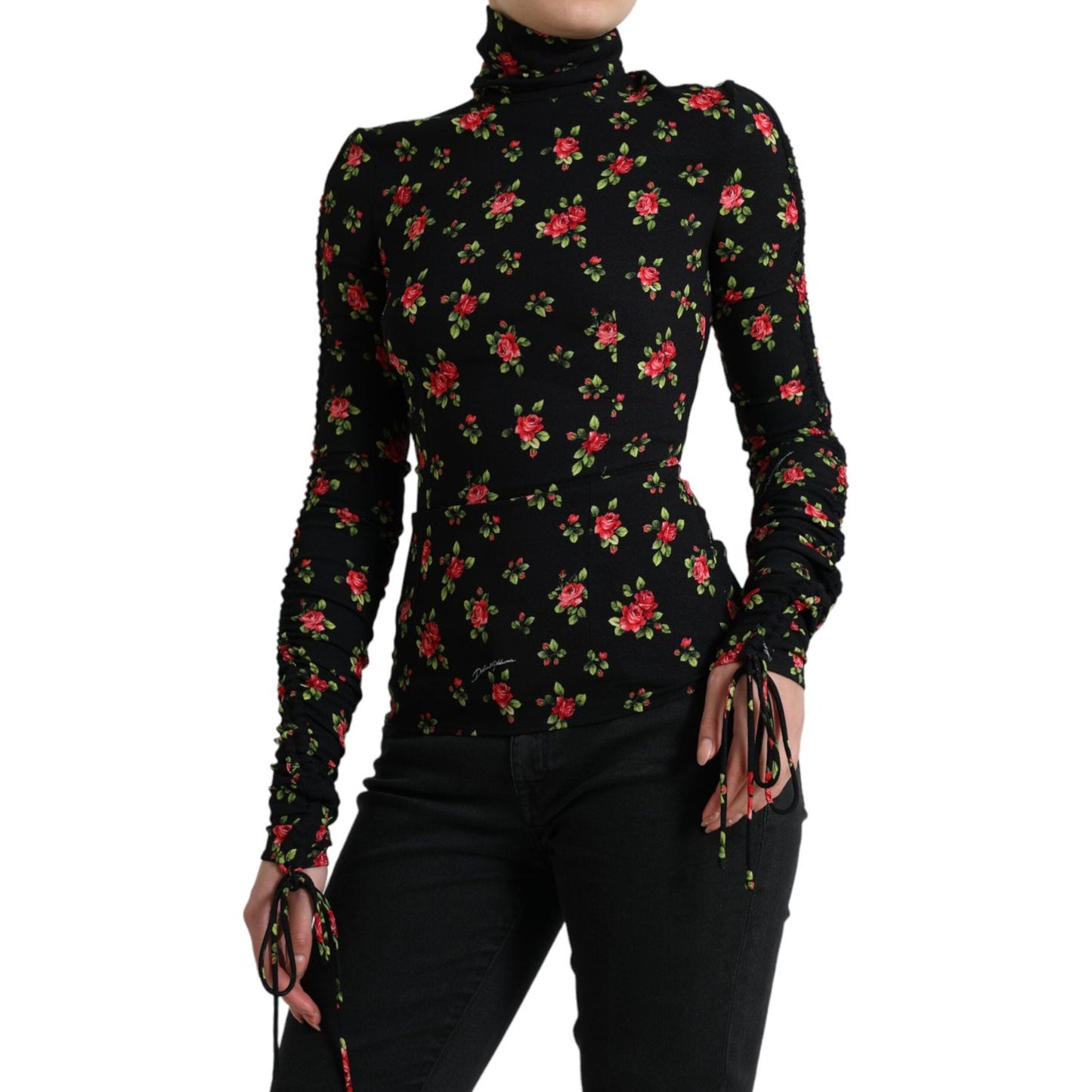 Dolce & Gabbana Black Rose Print Turtle Neck Blouse Top Dolce & Gabbana