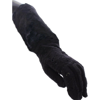 Dolce & Gabbana Black Lace Wool Lambskin Fur Elbow Gloves