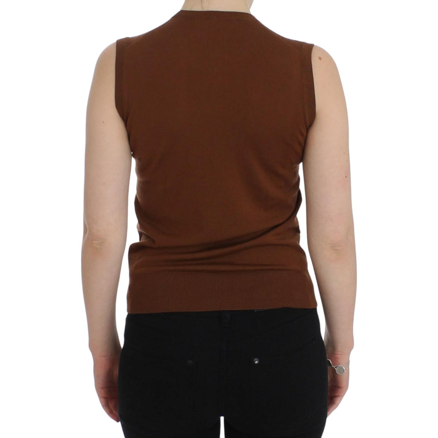 Dolce & Gabbana Brown Wool Black Lace Vest Sweater Top