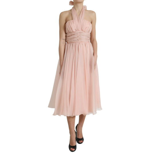 Dolce & Gabbana Pink Silk Chiffon Halter A-line Pleated Midi Dress
