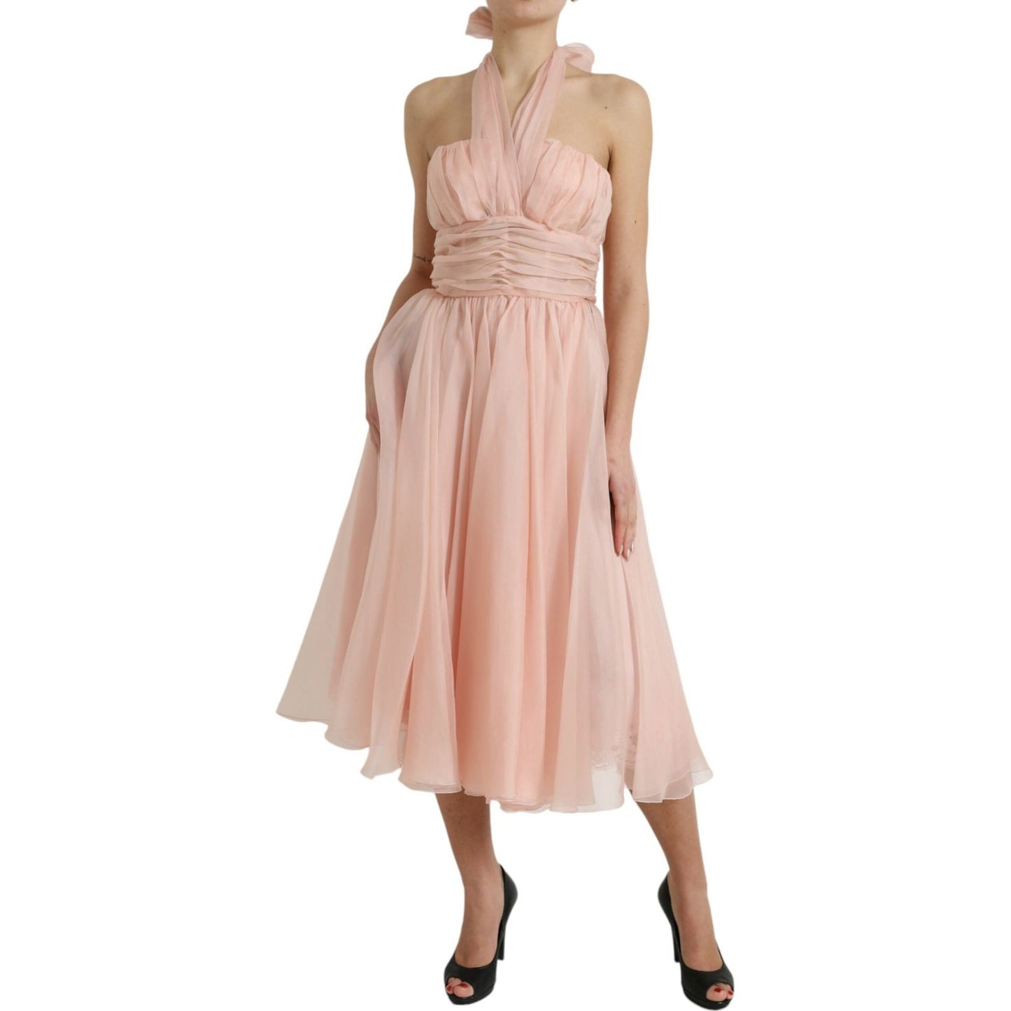 Dolce & Gabbana Pink Silk Chiffon Halter A-line Pleated Midi Dress Dolce & Gabbana