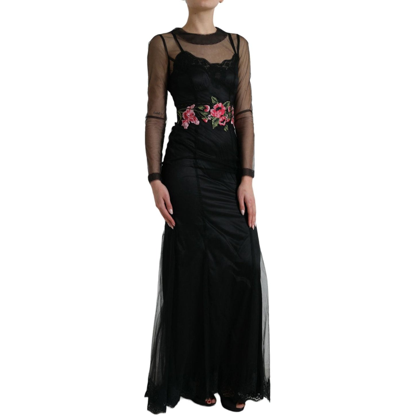 Dolce & Gabbana Black Floral Embroidery Mesh Tulle Gown Dress Dolce & Gabbana