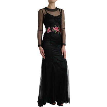 Dolce & Gabbana Black Floral Embroidery Mesh Tulle Gown Dress Dolce & Gabbana